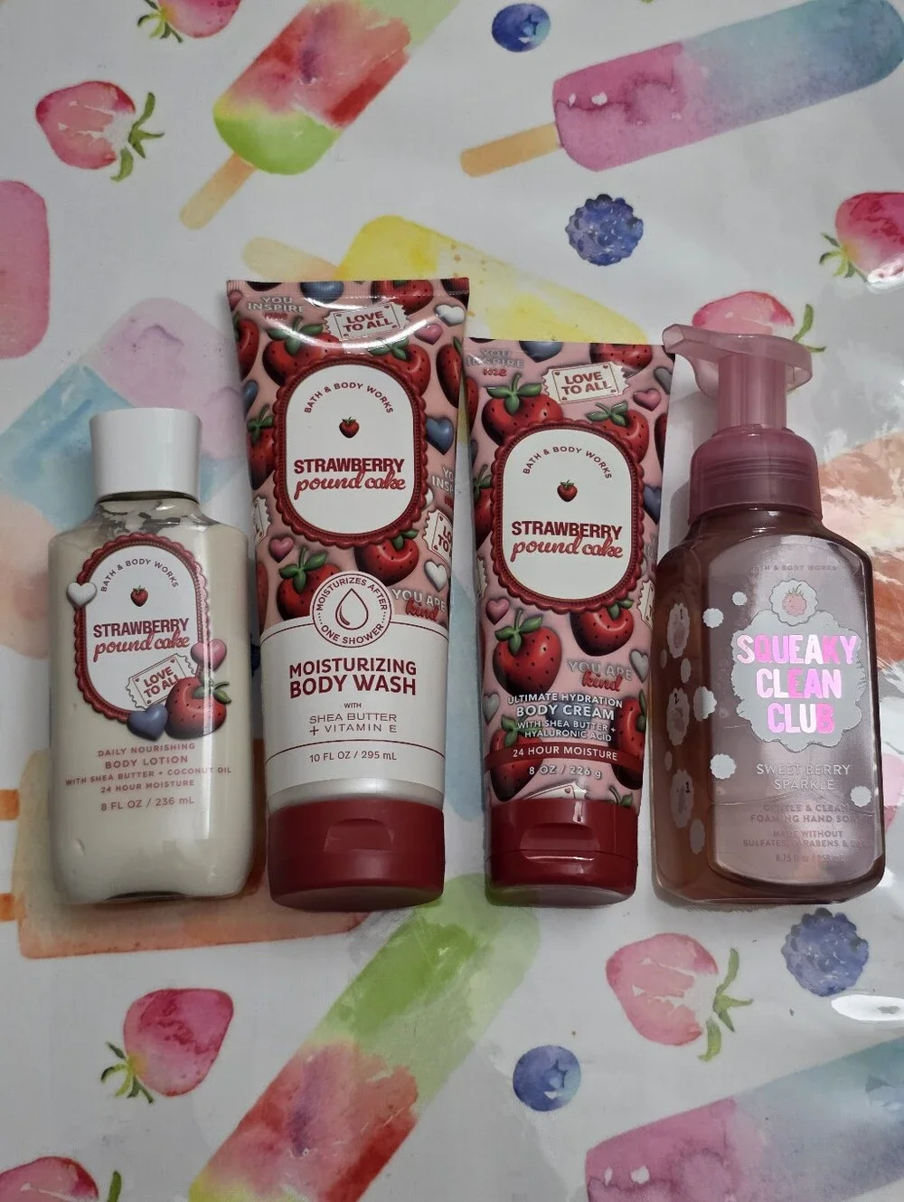 Bath & Body Works Strawberry Pound Cake 4 Piece Body Care Set NEW